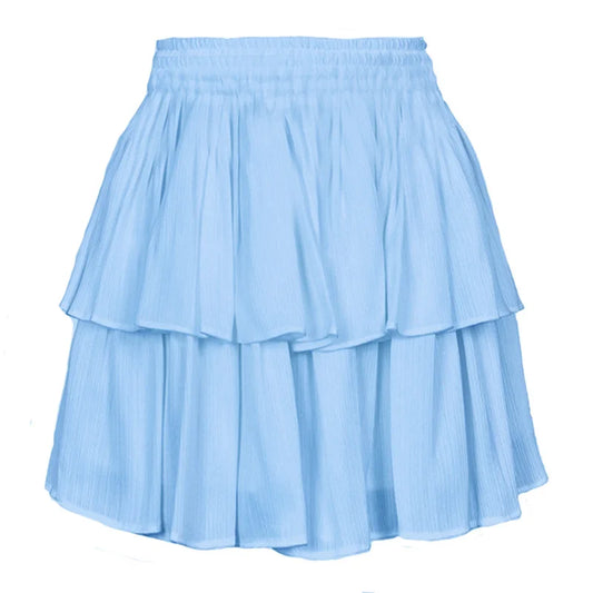 2022 New Summer Double Layer Pleated Skirt Solid Color Ruffle Boho Casual Loose Cotton Linen Skirts Female Beach Short Jupes
